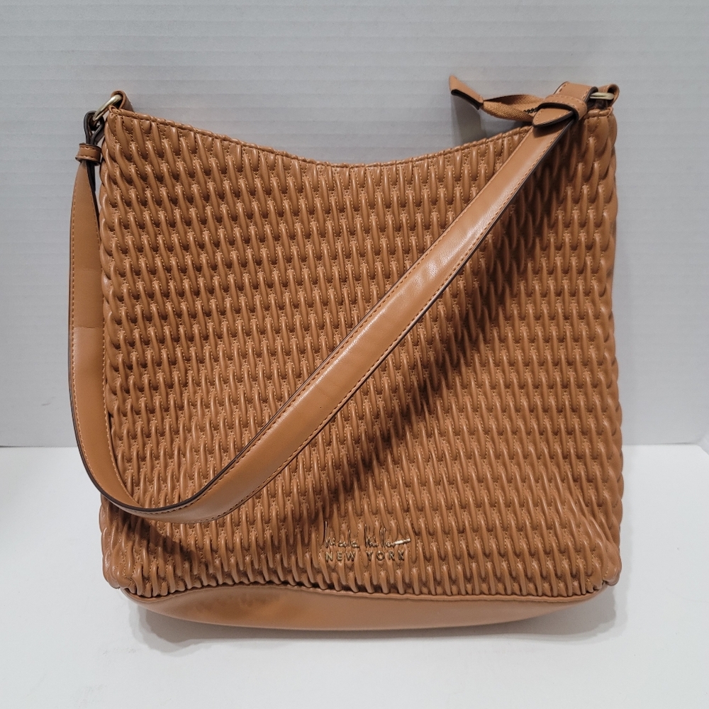 Nicole Miller New York Quilted Woven Shoulder Bag Hobo Style Tan Purse